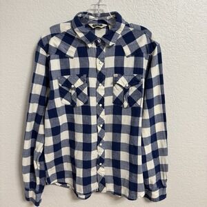 Salt Valley Western Shirt Mens Large Blue White Plaid Snap Button Flannel Cowboy